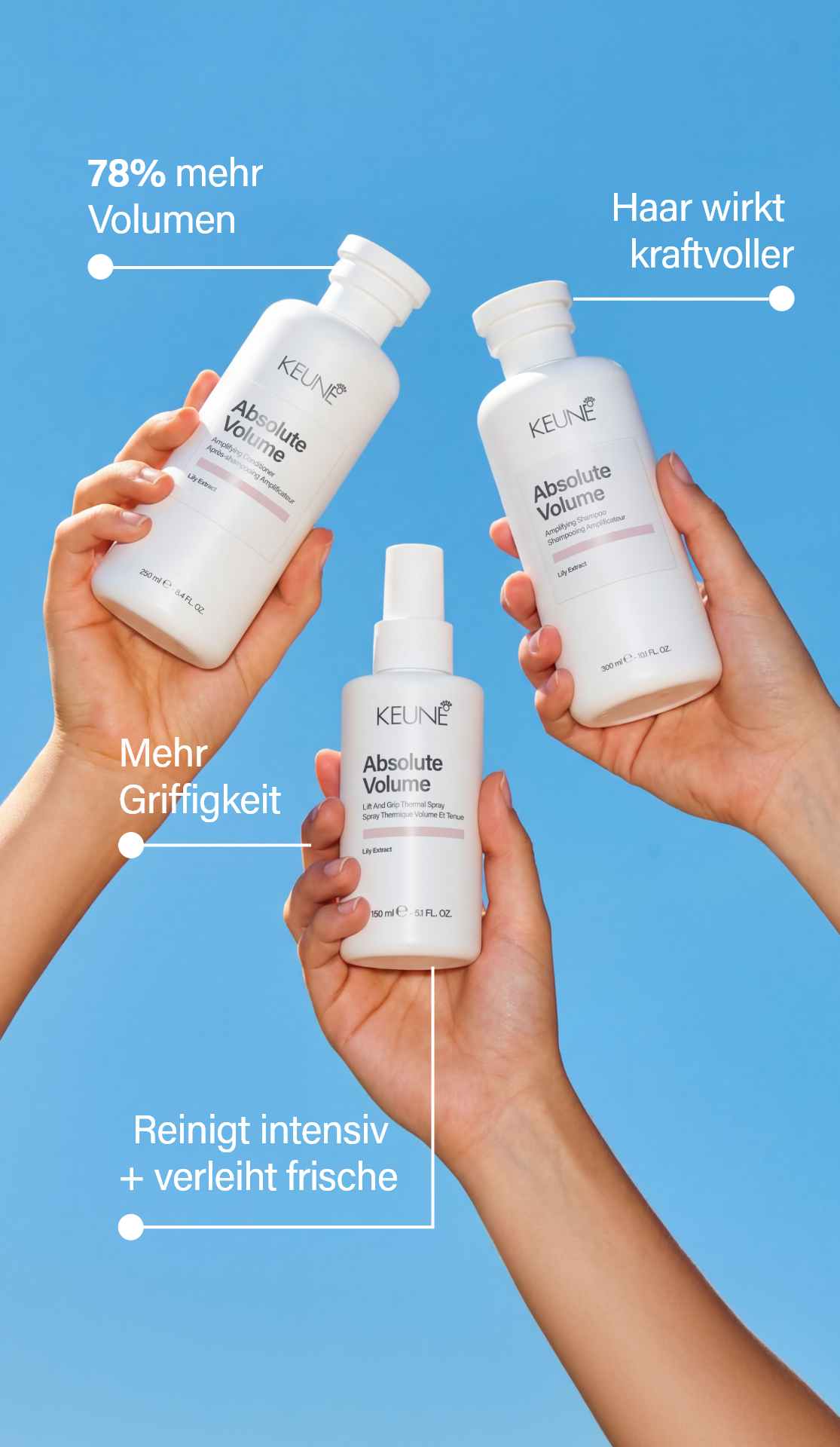 Keune Absolute Volume Lift and Grip Spray: Steigert sofort dein Haarvolumen, bietet flexiblen Halt und ein schwereloses Gefühl. Bietet Hitzeschutz und verbessert die Bewegung