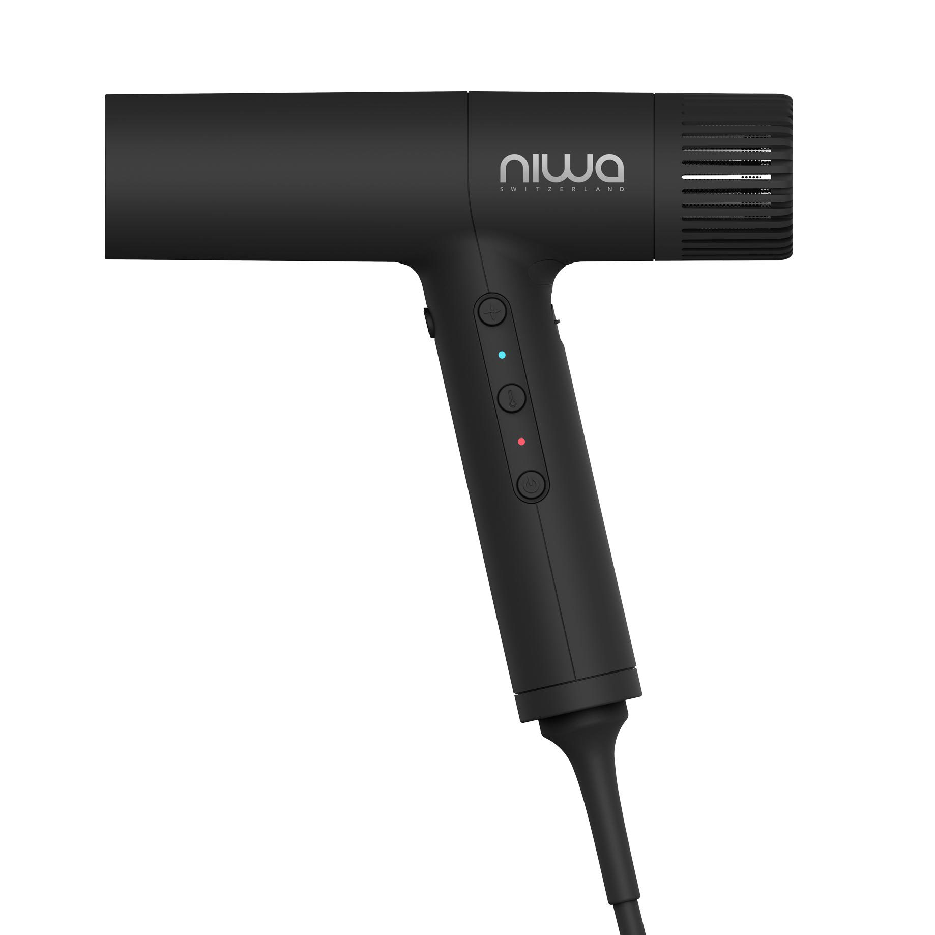 NIWA ONE+ DRYER BLACK MATTE - ein kompakter professioneller Haartrockner. Schweizer Qualität. Reduziert statische Aufladung und Frizz dank IONEN-TECHNOLOGIE. Profi-Tool auf keune.ch